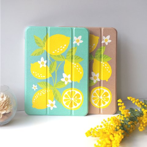 手帳型iPadケース【レモン模様】三折りスタンド機能付プラケースタイプ