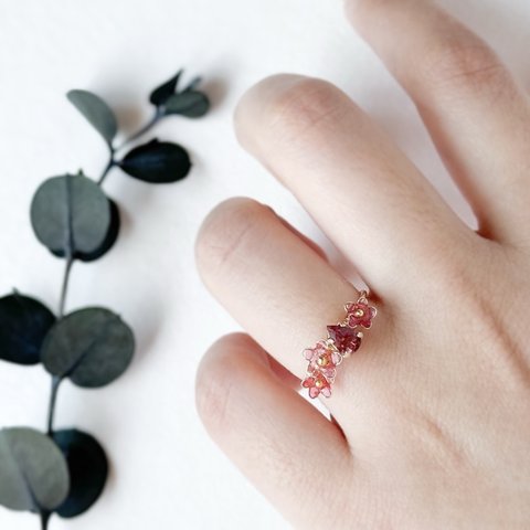 -Jewelry Flower-  オキザリスとピンクトルマリンのワイヤーリング(10月誕生石)
