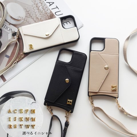 カードポケット付き ショルダー iphoneケース 3色展開 ✿ スタンド機能 ストラップ付き 選べるイニシャル