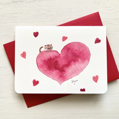 ❤️2枚セット 透明水彩画「猫ちゃんの大きな愛」イラストミニカード ねこ　ネコ　バレンタインカード　バレンタイン　バースデーカード❤️