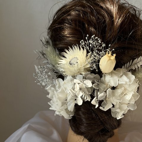 白　グレー　シルバー　振袖　髪飾り　プリザーブドフラワー　和装　ヘアアクセサリー　ウエディングヘア