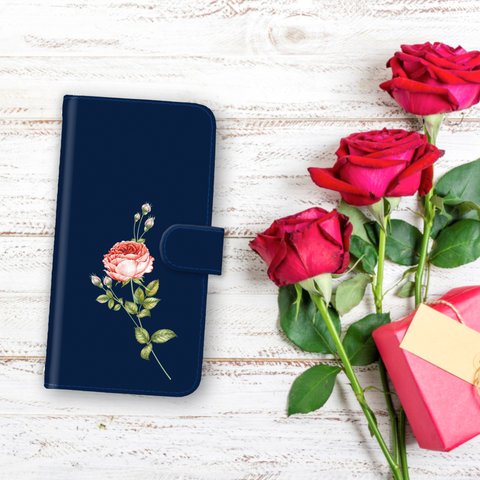 再販♪『一輪のバラ ミッドナイトブルー』スマホケース iPhone/android 手帳型ケース iPhone14 Galaxy AQUOS arrows 薔薇 ローズ 花柄 青 藍色
