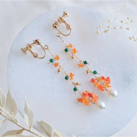 fire opal earring：ファイヤーオパール　ロングチェーンピアス・イヤリング　天然石　オレンジ