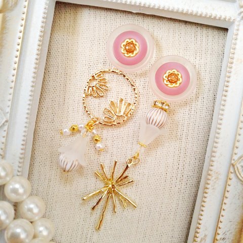 ☆Vintage☆ピンク×フロスト×ゴールドなおしゃれアシメピアス/イヤリング