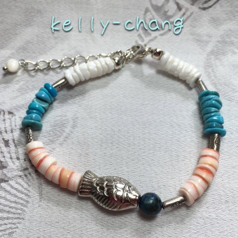 ［Powerstone］Turquoise & Shell Tumble Cut  & Chrysocolla bracelet