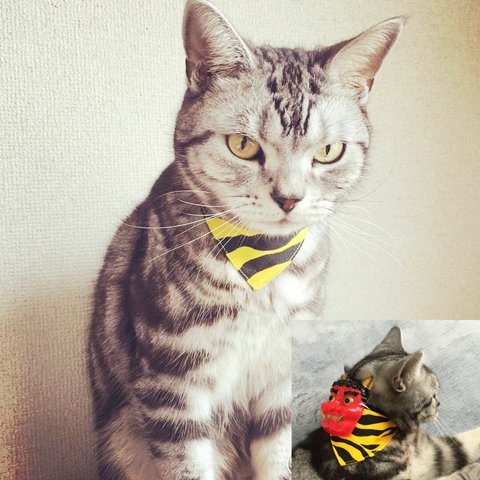 まじめな首輪【赤鬼のミニお面つき】目立つバンダナ風／猫にやさしい選べるバックル猫首輪 安全首輪 子猫 成猫