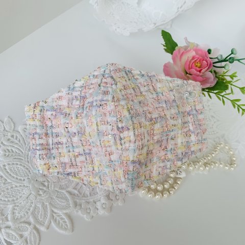 🍀🌸ツイード刺繍生地マスク　🌸抗菌マスク　　🌸裏地　抗菌ダブルガーゼ◎🍀パステルツイード　フラワー付き