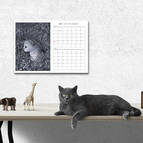 【猫カレンダー】モノクロ　壁用　A4　2020年後半-ダークグレイ