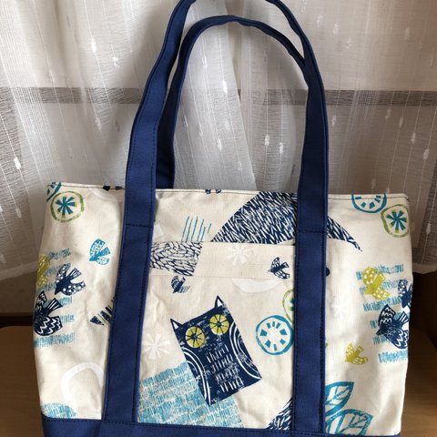 トートバッグ(フクロウと鳥 BLUE)