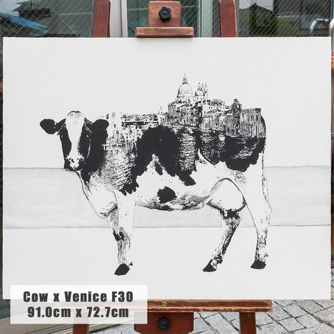 Cow x Venice 手描き キャンバス モノクロアート F30号 (909mm×727mm)  玄関 リビング ダイニング 寝室 