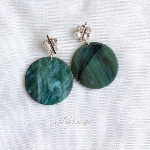 Stick bijou × marble plate pierce/earring (Green) [cc]