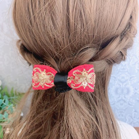 【送料無料】インド刺繍リボン エスニックアクセサリー 大人 バレッタ ポニーフック ヘアゴム やっとこピン ピンク ゴールド ブラック