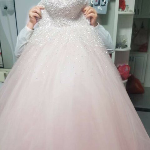 カラードレス ピンク ベアトップ ソフトチュール ハンドビーディング スパンコール ステージ衣装 結婚式/披露宴 