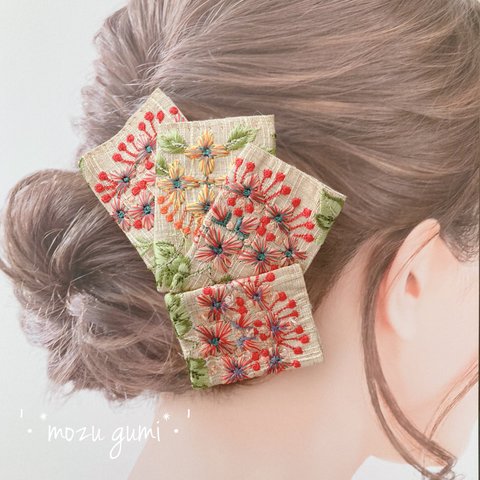 インド刺繍リボンのバレッタ（紫陽花/赤）