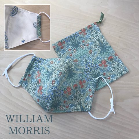 収納袋付◆William Morris ノーズワイヤー入り立体布マスク ヒヤシンス ライトグリーン