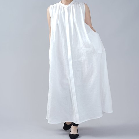 【wafu】風がぬける Linen Dress　 ノースリーブ 比翼 ワンピース / ホワイト a015a-wht1