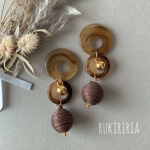 RUKIRIRIA #606  べっこう×ゴールド×ボールピアス  大ぶりピアス 大ぶりイヤリング 