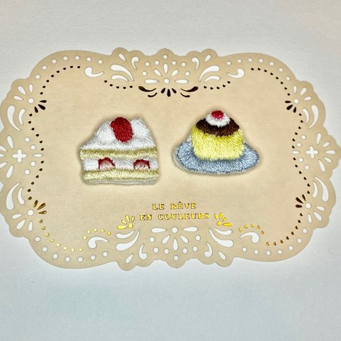 ショートケーキとプリンの刺繍ヘアゴム