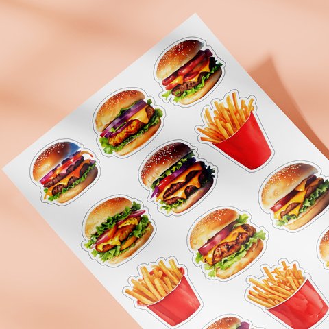 (#5) ハンバーガーとポテトのダイカット素材・5シート・選べる用紙＆サイズ