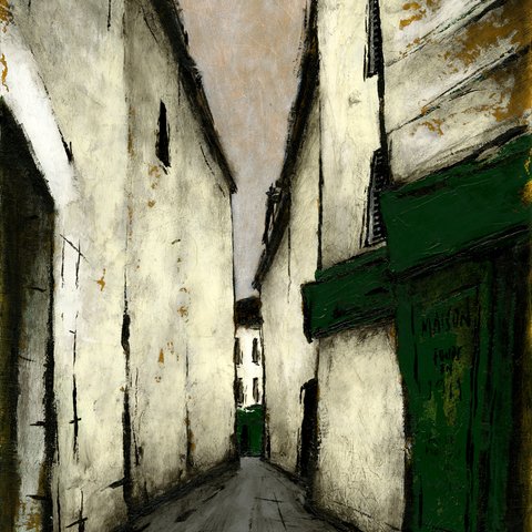 風景画 パリ 油絵「パリの裏通り」