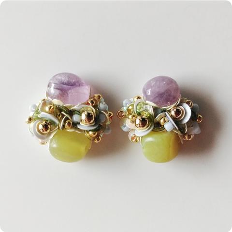 Amethyst + Lemon jade ＆< Sequins + Glass beads + Gold beads >＊