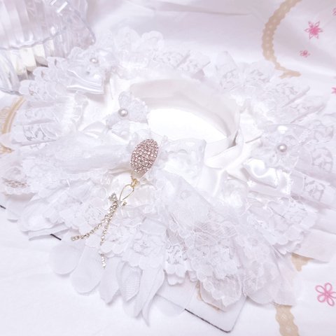 完売【限定】ケープ首輪【June Bride】ブライダルウェディングドレス👗マーメイドデザイン×両サイドレースリボン👗リボンジルコニアロングチャーム＊ロングタイプ