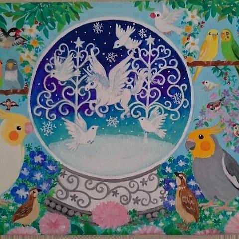 原画「小鳥と花のメルヘン～スノードーム～」～鳥☆ 小鳥☆ インコ～