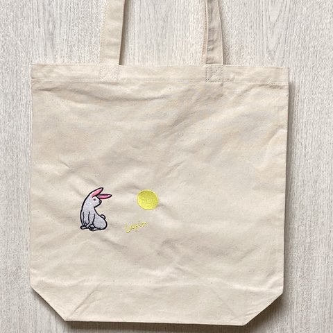 月夜のウサギのイラスト刺繍入りトートバッグ