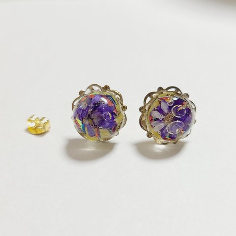 お花ドーム(紫×黄)  ピアス