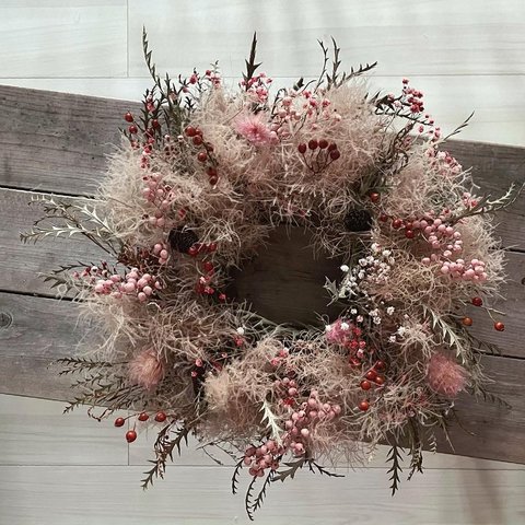 受注制作 ⚘ autumn pink wreath リース  スモークツリー ピンク ドライフラワー ピンク 秋色 かすみ草