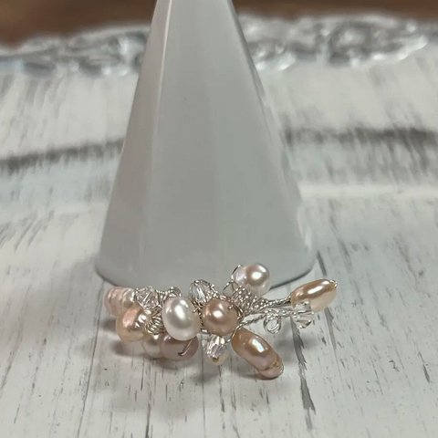 リング/サージカルステンレス/ping shower ring/淡水パール＆プレシオサクリスタルシーマビーズ使用