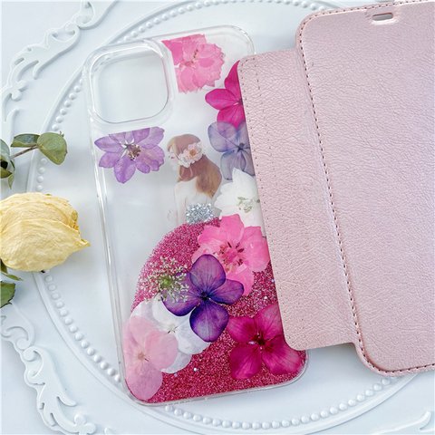 紫陽花押し花スマホケース、全機種対応、ストラップホルダ一、iFace風、手帳型、iPhone14、iPhone14Pro、iPhone14plus、iPhone13、iPhone12