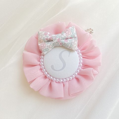 ♡ふわふわピンクのシフォンロゼット♡イニシャル、お名前、マタニティマーク、お入れします☆リボン付きキーホルダー、バッグチャームです