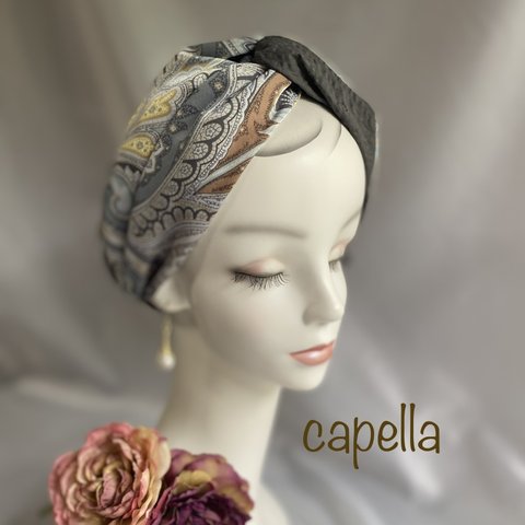 🌟capella🌟マダムのターバン〜柔らかなペイズリープリント生地とグレーのリップル生地で作ったcapellaオリジナル　表情が変わるターバン