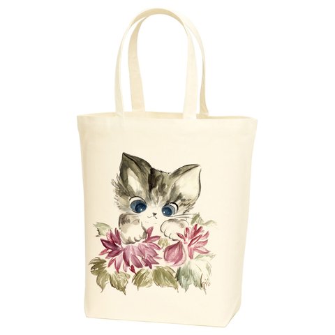 【送料無料】花をのぞく猫 キャンバストートバッグ
