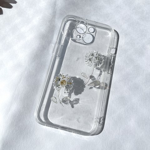 キラキラ　ガラス×お花の携帯ケース　ハンドメイド
