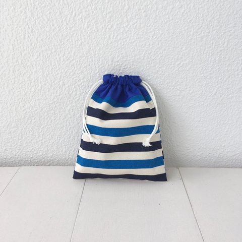 SALE 1260円→980円帆布＊22×18＊Blue Stripe＊コップ袋＊給食袋