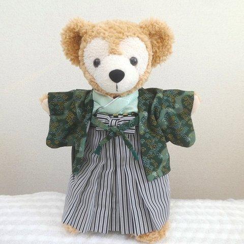 ぬいぐるみ服🐻コグマの着物*深緑色のちりめん羽織 袴 着物セット　ヌイグルミ用和装コスチューム　年賀状に☆