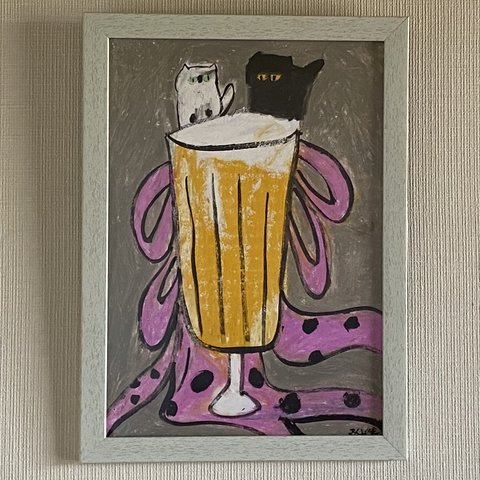 絵画。壁掛け原画【シャンパンカップの猫たち】