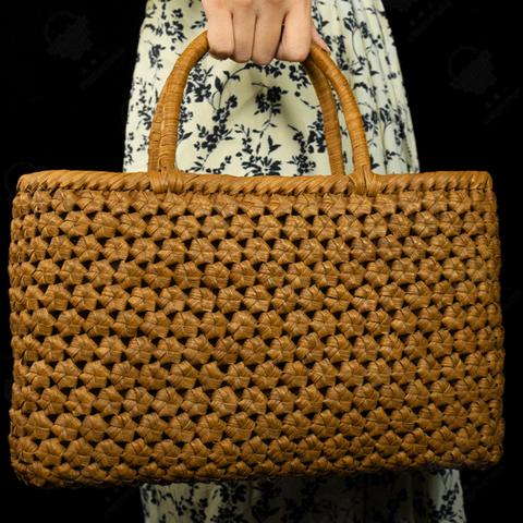 山葡萄手作りカゴバッグ 内布付き 市松編み、 花編み