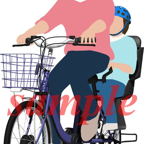 サイクリングする母親と子供「電動自転車」の背景透明イラスト001