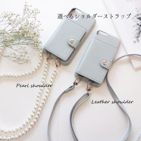 選べる ショルダーストラップ付き くすみカラー  ブルーグレー iphoneケース カード収納