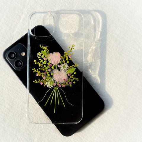 【botanical bouquet/pink】 押し花スマホケース　全機種対応　ソフトケース　手帳型ケース　iPhone 15 14 13 12 12pro SE2 8 ブーケ　ピンク　春　花束