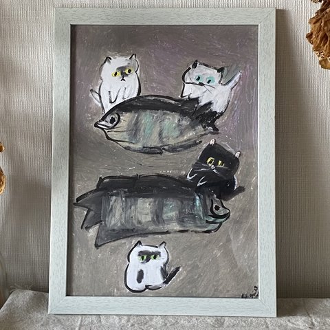 絵画。壁掛け原画【かわいい猫たちと水族館の魚】01