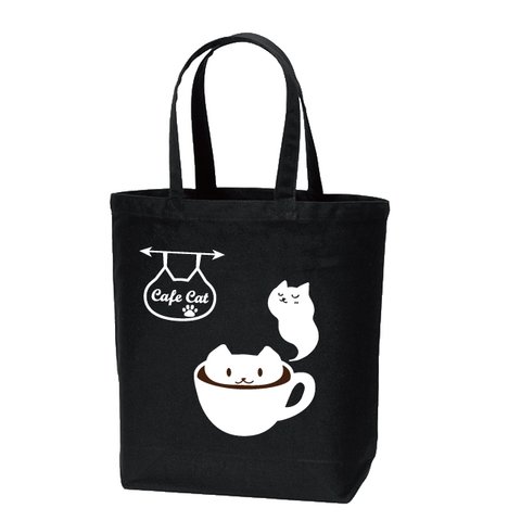 ねこラテ+カフェトートバッグ　ブラック　綿100％　キャンバス生地　猫トートバッグ　ネコトートバッグ　送料無料