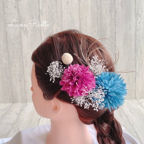 L13♡ 髪飾り  ブルー　パープル　ゴールド　かすみ草　ドライフラワー  成人式　ヘッドドレス　浴衣　ヘアアクセサリー　ヘッドパーツ　青　紫　白　水引　金箔