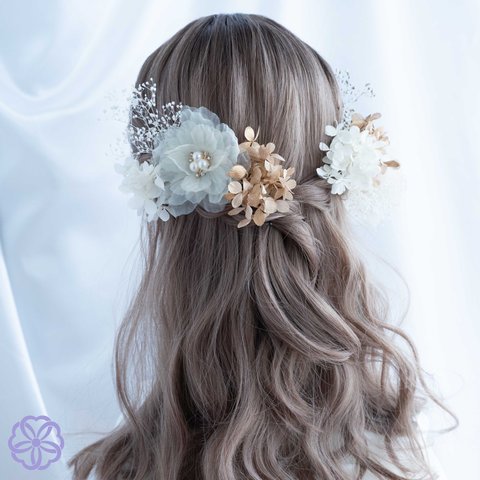 ベージュリボン×ふわふわシフォンの髪かざり　結婚式　成人式　卒業式　ヘアアクセサリー　ウェディング　ブライダル　花嫁