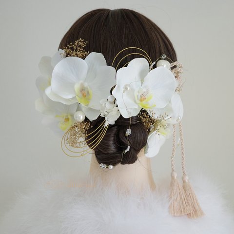 髪飾り　豪華５輪白胡蝶蘭ヘッドパーツ　結婚式　和装　ヘッドドレス　ウェディング　成人式