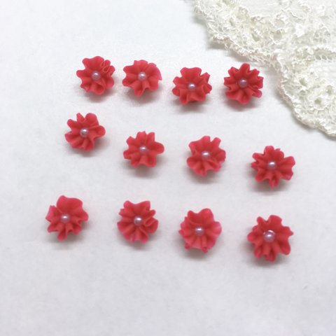 赤 フリル  パール  小さな花  樹脂 レジン素材 材料 イヤーカフに パーツ  6