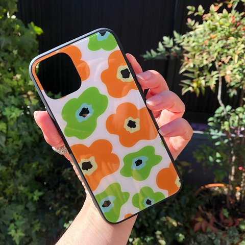  iPhone11/11pro/11proMaxケース 強化ガラス北欧花柄オレンジ